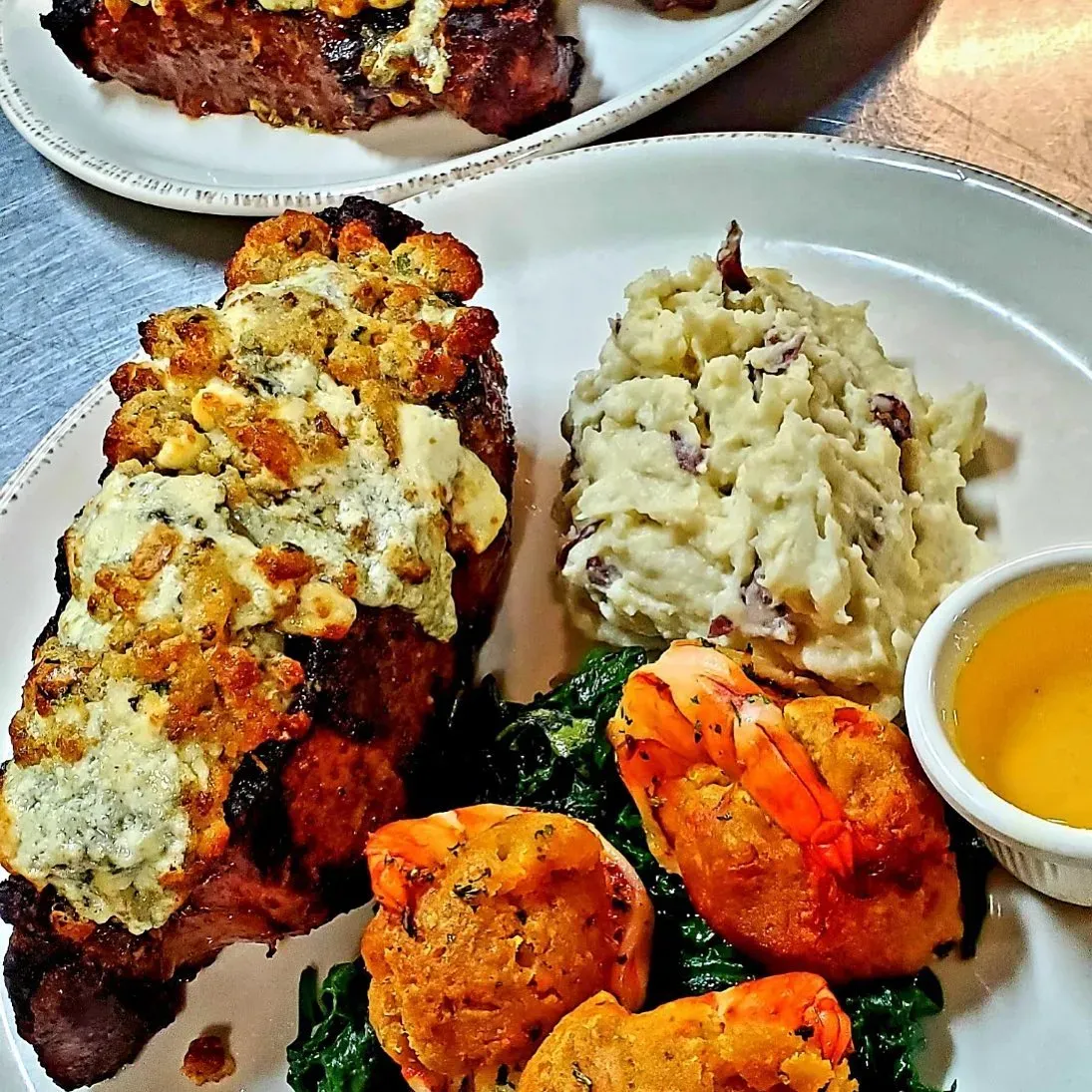 Steak with sides and topping