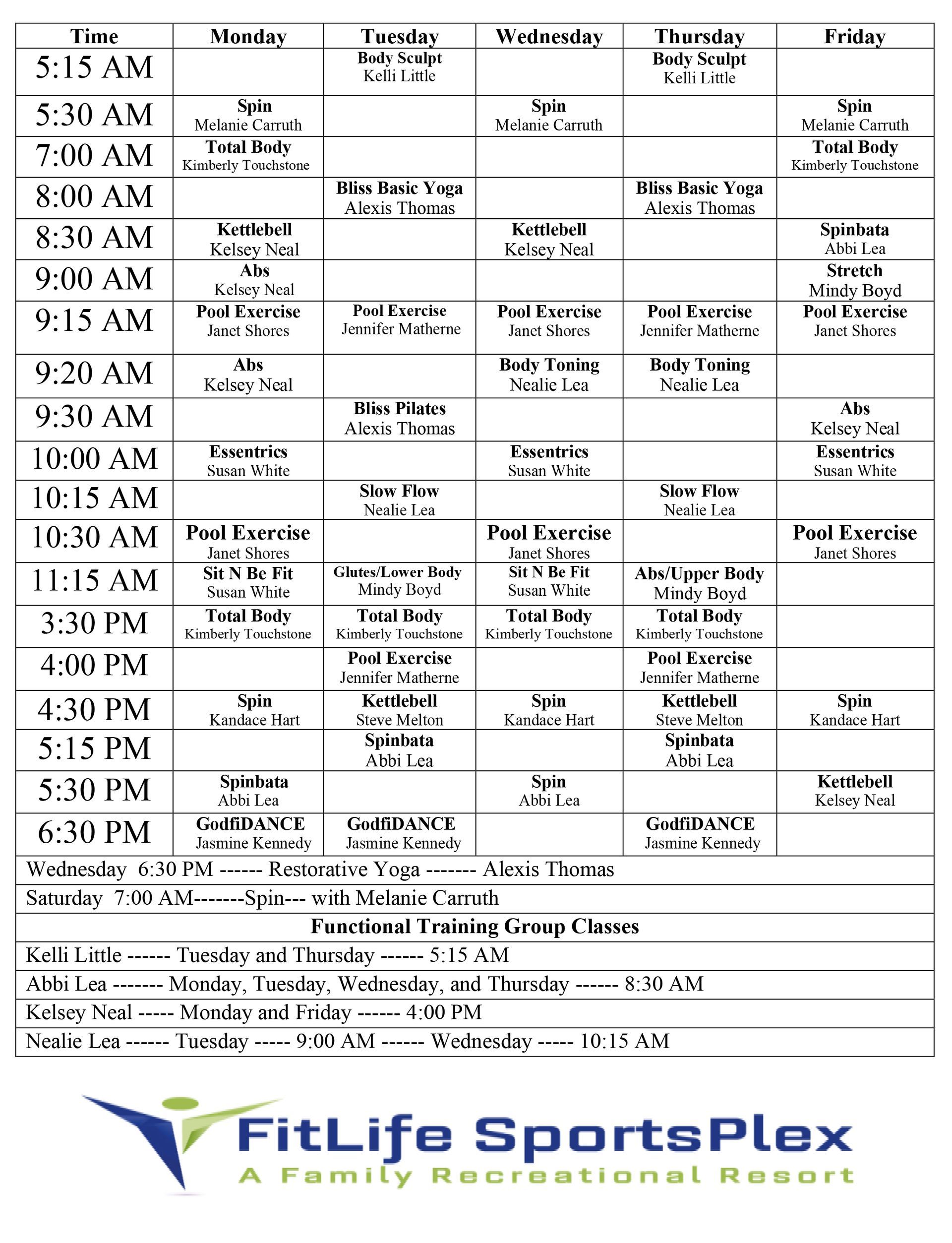 FitLife SportsPlex Group Exercise Schedule