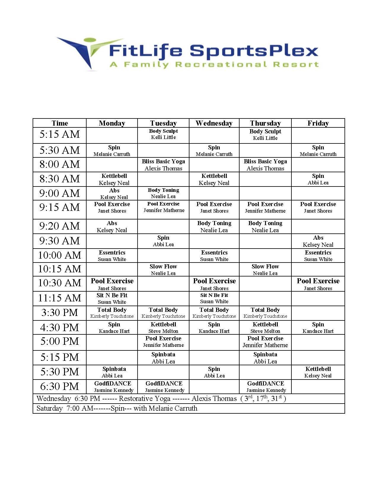 FitLife SportsPlex Group Schedule