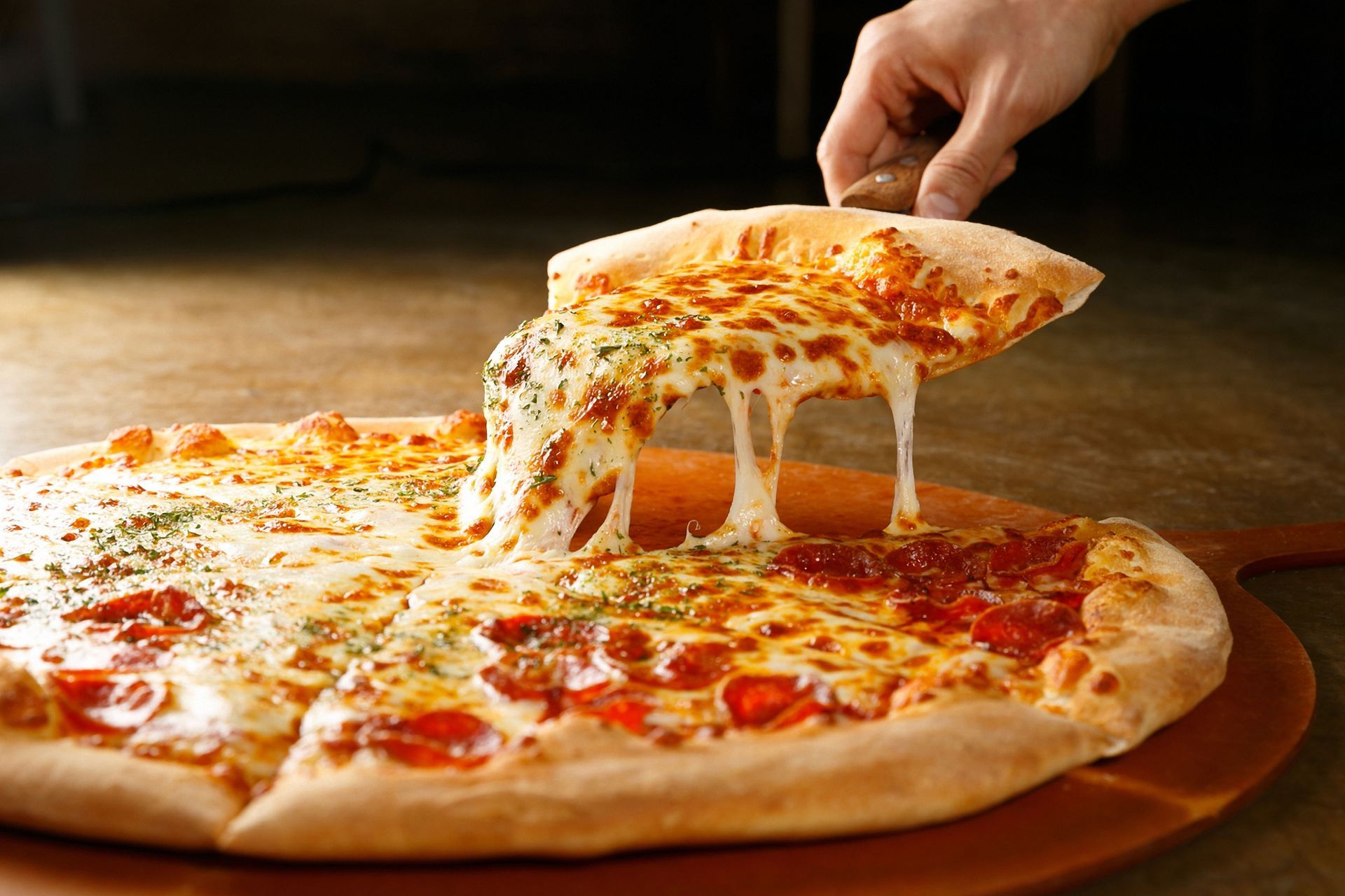 Pizza slice being lifted, cheese stretching, pepperoni and plain cheese toppings, on a wooden surface.