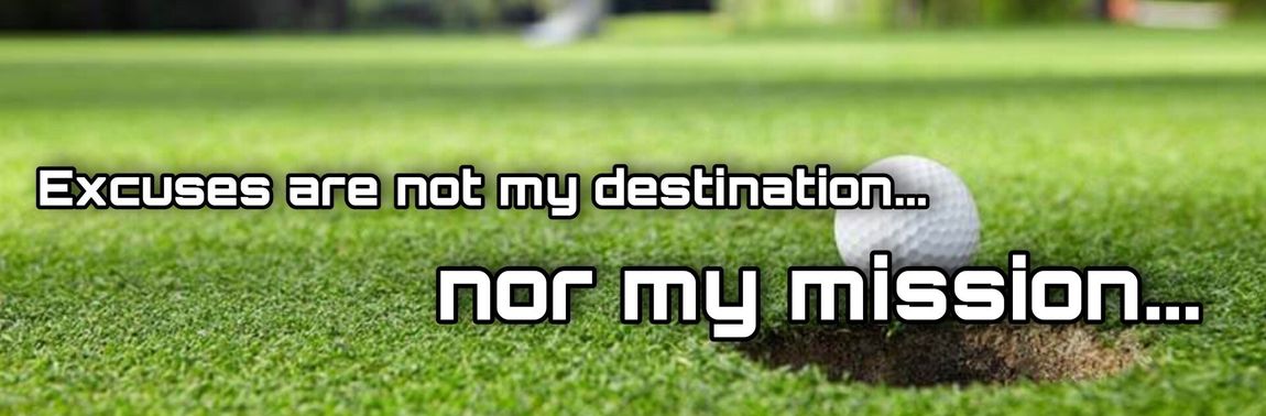 Golf ball near the hole on a green, with text 