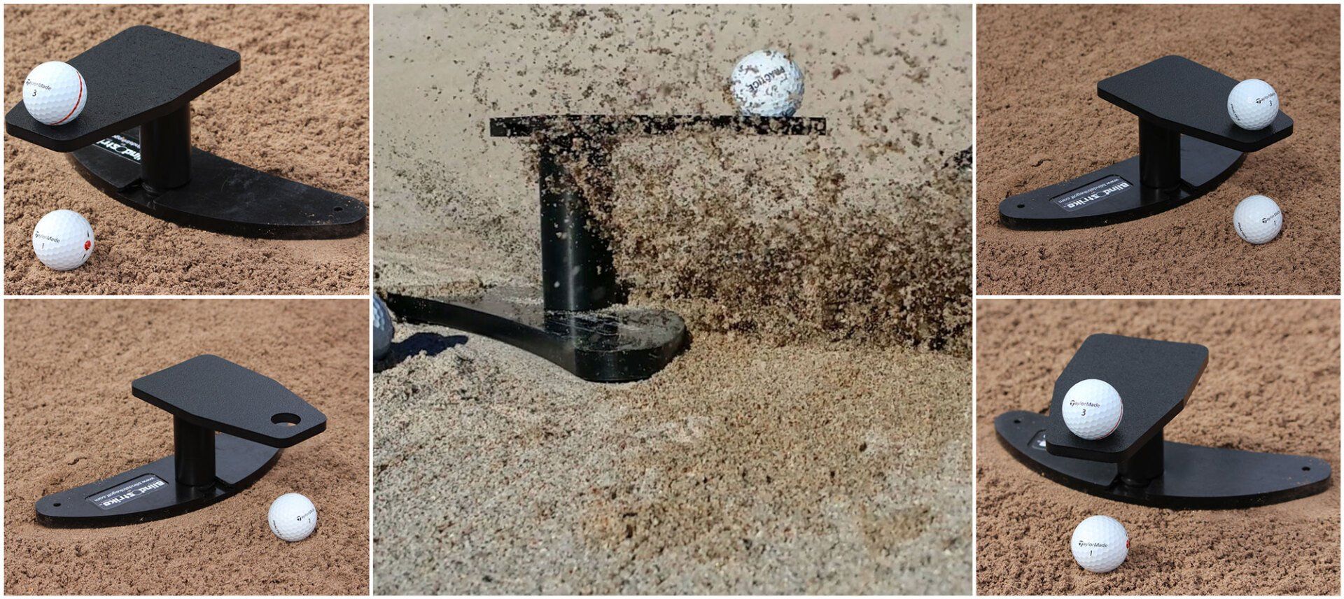 Golf ball on a teeing device in a sandy area. Black tee with the ball on top and on the ground.