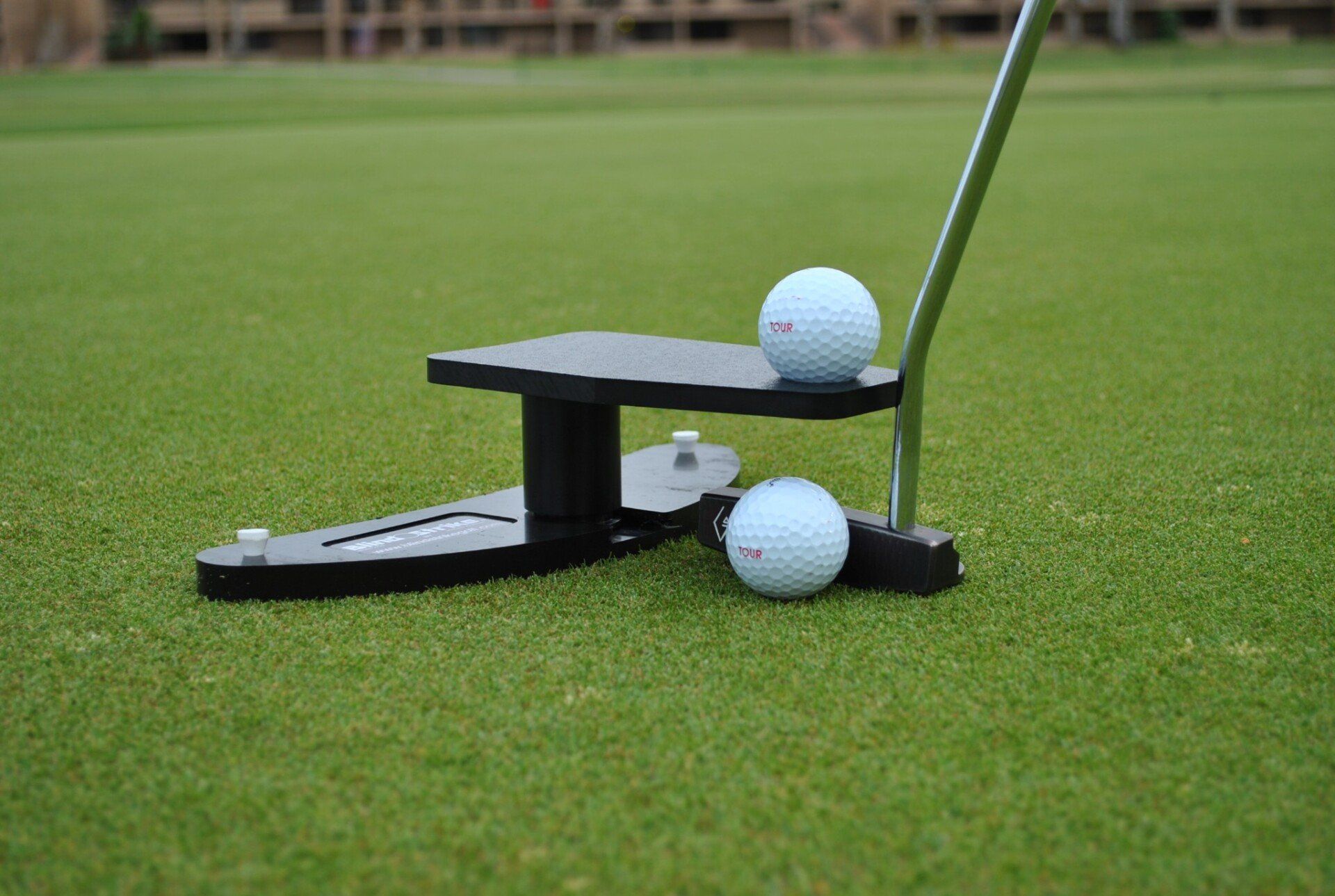 Golf putting training aid with golf balls on green grass.