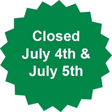 A green starburst with the words closed July 4th & July 5th written on it.