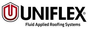 UNIFLEX logo with red shield emblem and black text, “Fluid Applied Roofing Systems” tagline