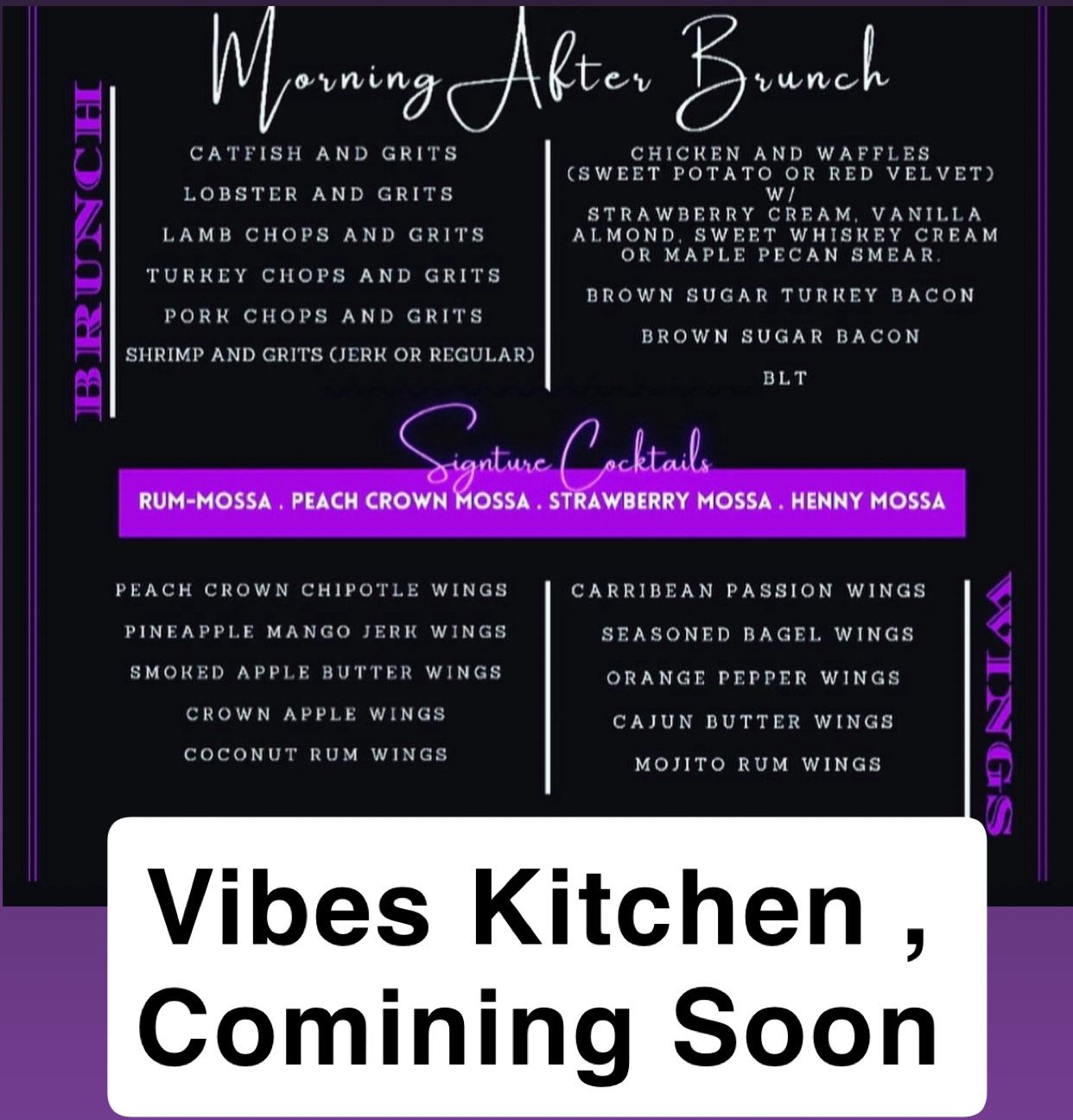 Menu for Vibes Kitchen, with brunch options (catfish, lobster, chicken, etc.) and wings, in purple.