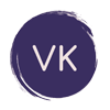 "VK" white letters within a dark blue circle with brush stroke effect.
