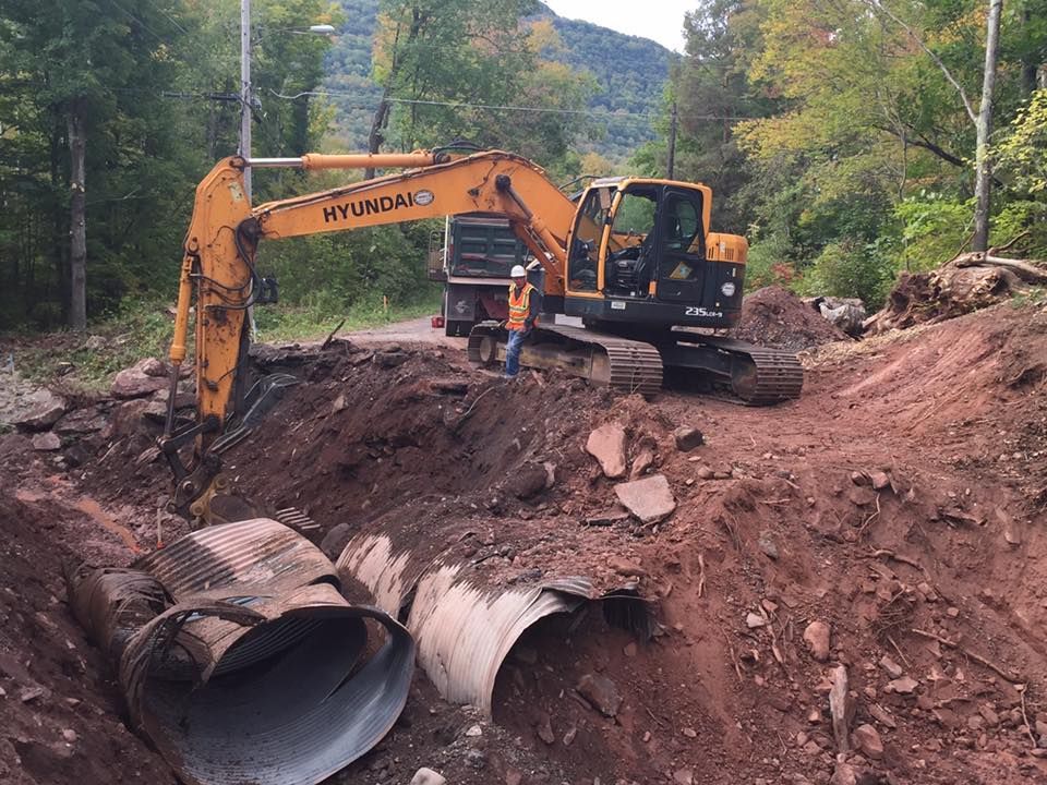 A hyundai excavator is digging a hole in the dirt.