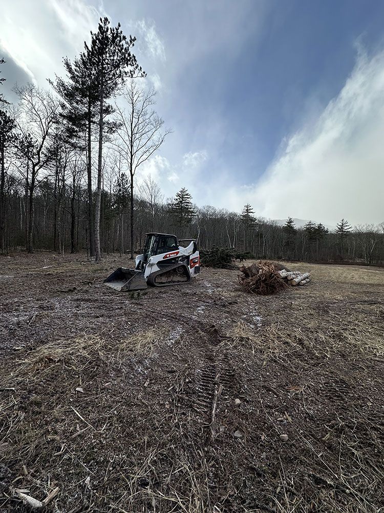 A bulldozer is parked in a field with trees in the background.