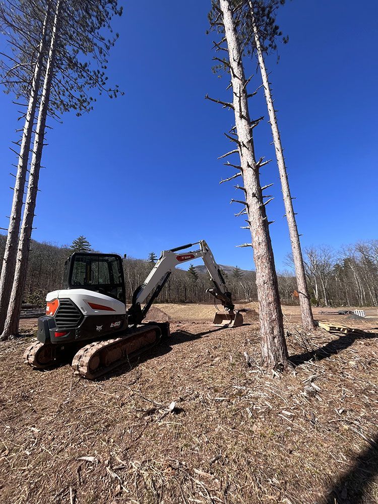 A small excavator is sitting in a field surrounded by trees.