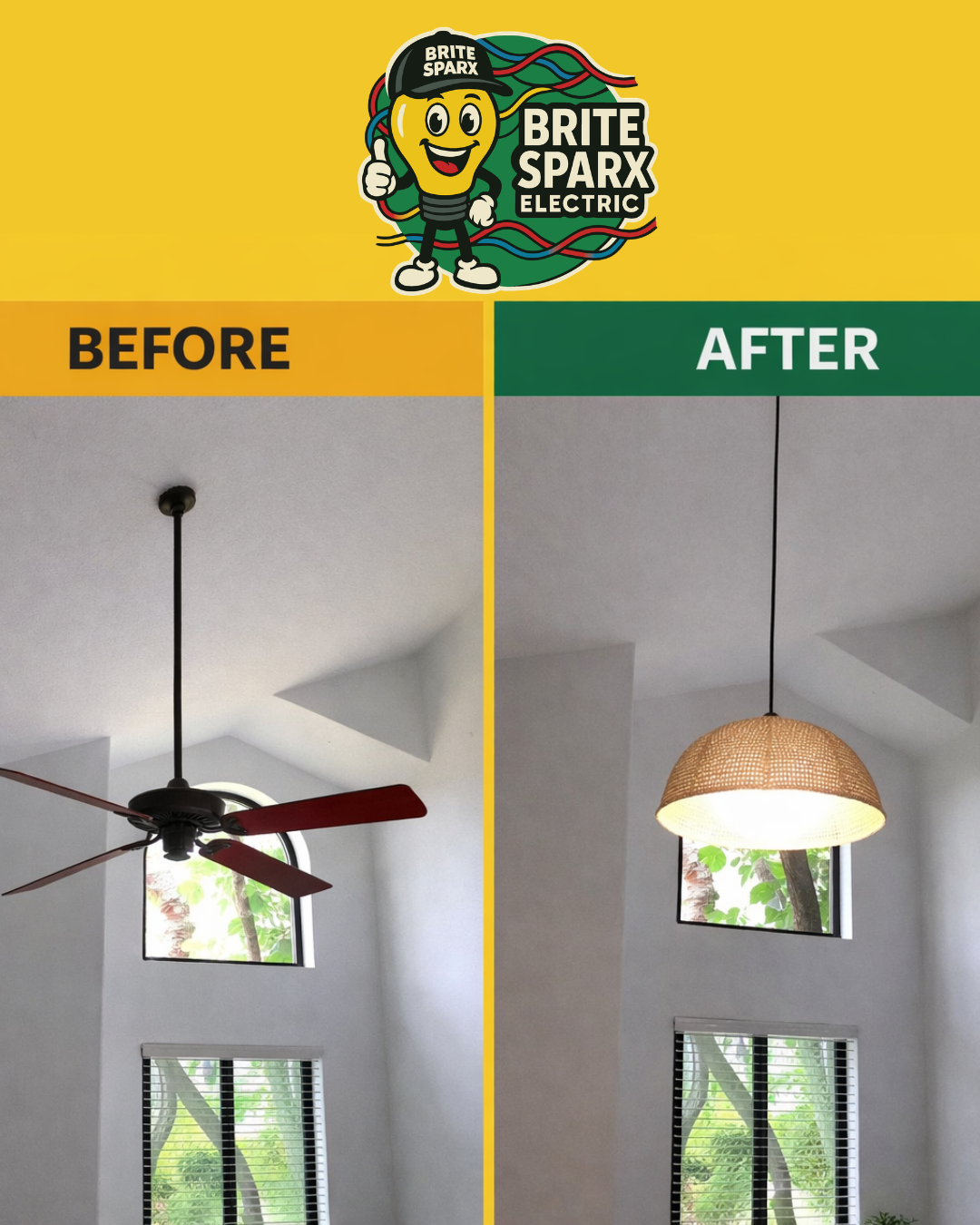 A Brite Sparx Electric advertisement showing a ceiling fan replaced by a pendant light in a tall room.