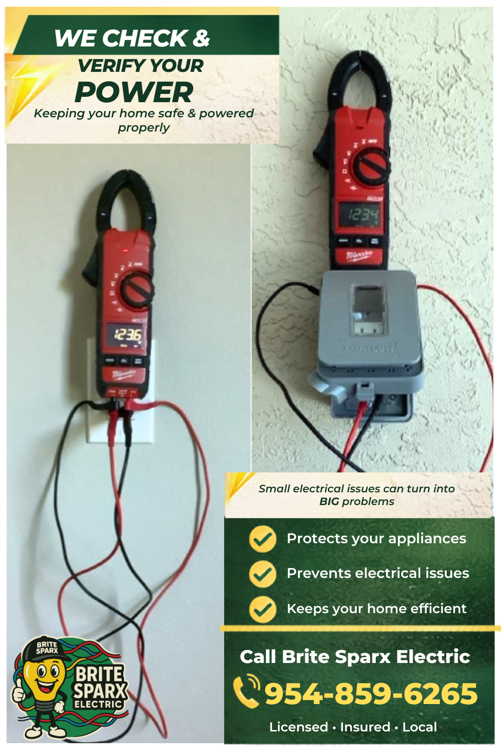 A Brite Sparx Electric ad showing red electrical meters testing outlets and a box, with contact info and service benefits.