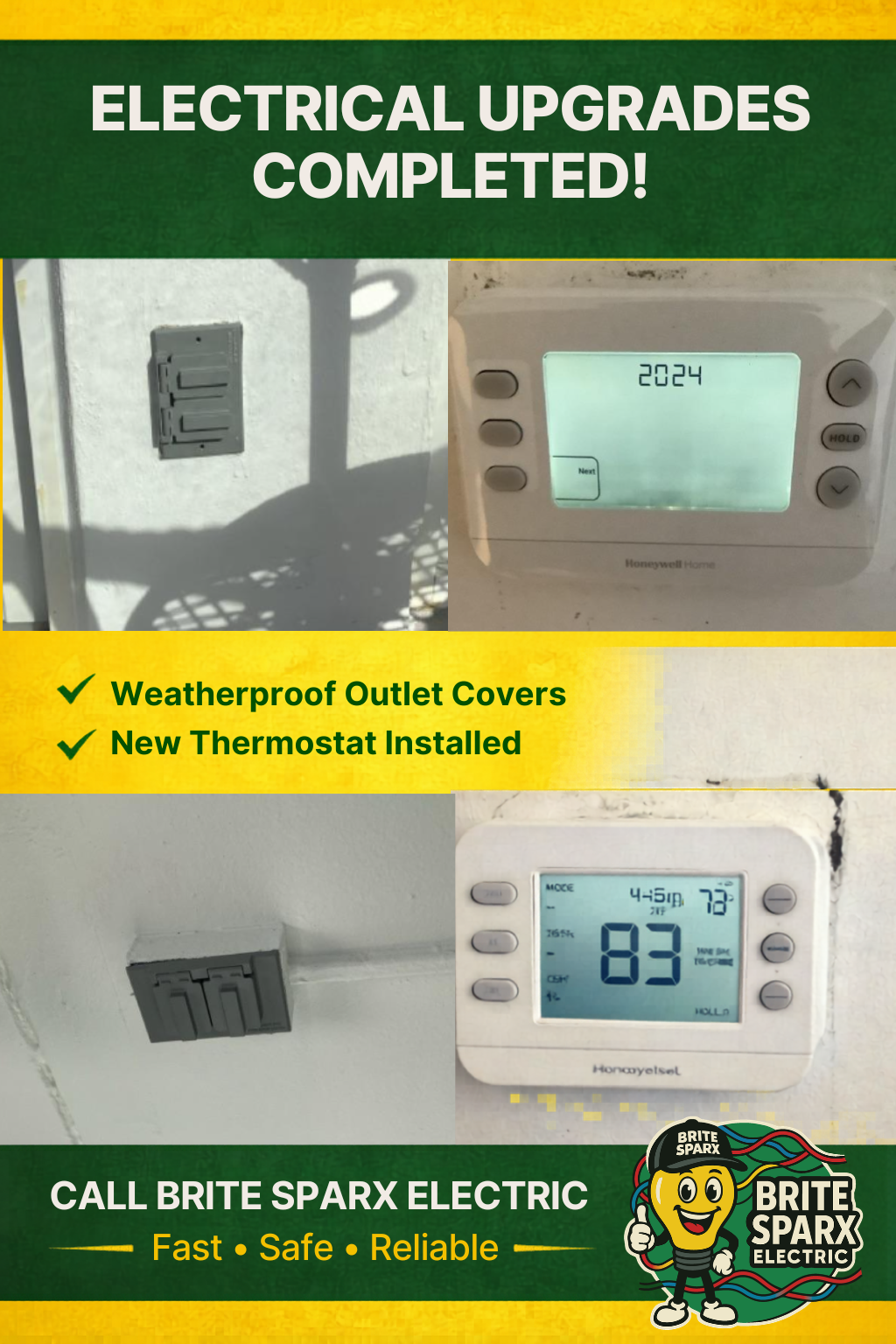 Promotional flyer for Brite Sparx Electric showcasing weatherproof outlet covers and new thermostat installations.