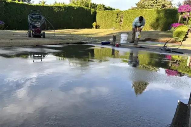 Person pressure-washing a driveway beside a hedge, with water pooling and reflecting the sky.