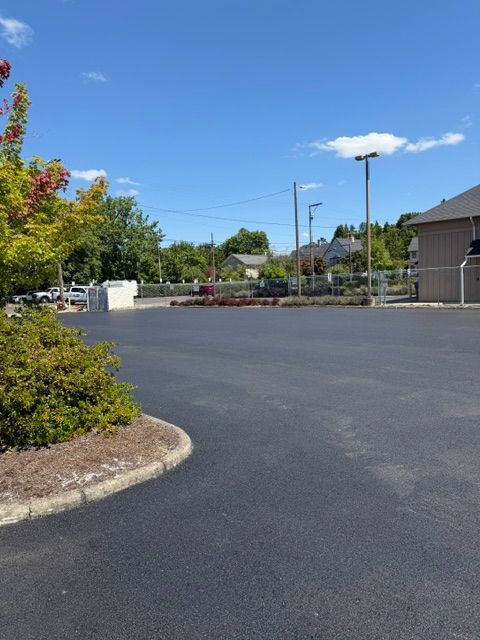 Sunny suburban street with a wide asphalt road, trees, houses, and utility poles under a blue sky.