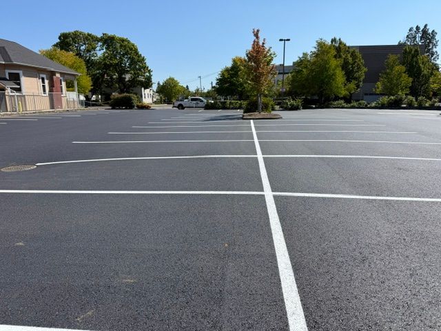 Empty parking lot with white lines, trees, and buildings under a clear blue sky