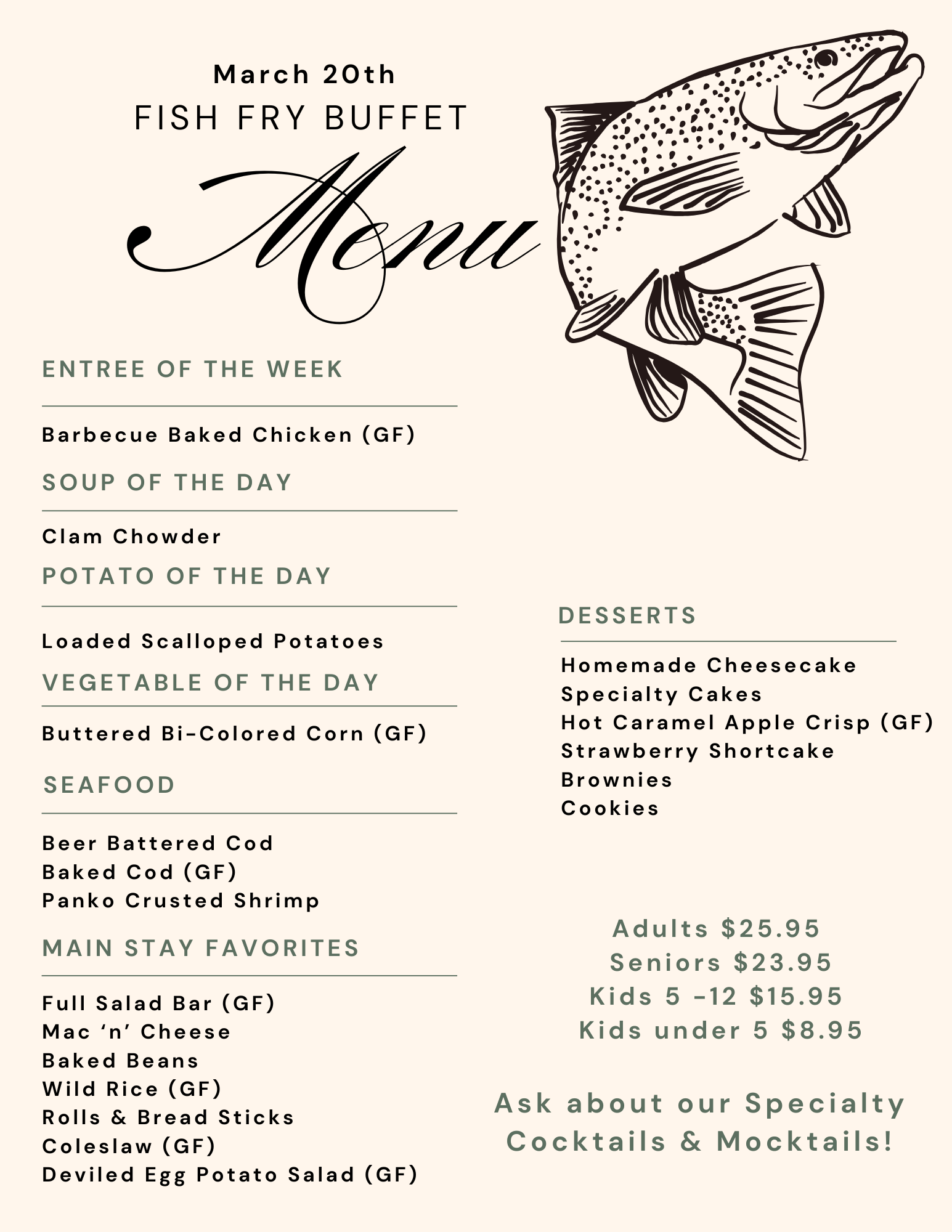 A cream-colored March 20th Fish Fry Buffet menu featuring a line-art fish illustration and lists of food and pricing.