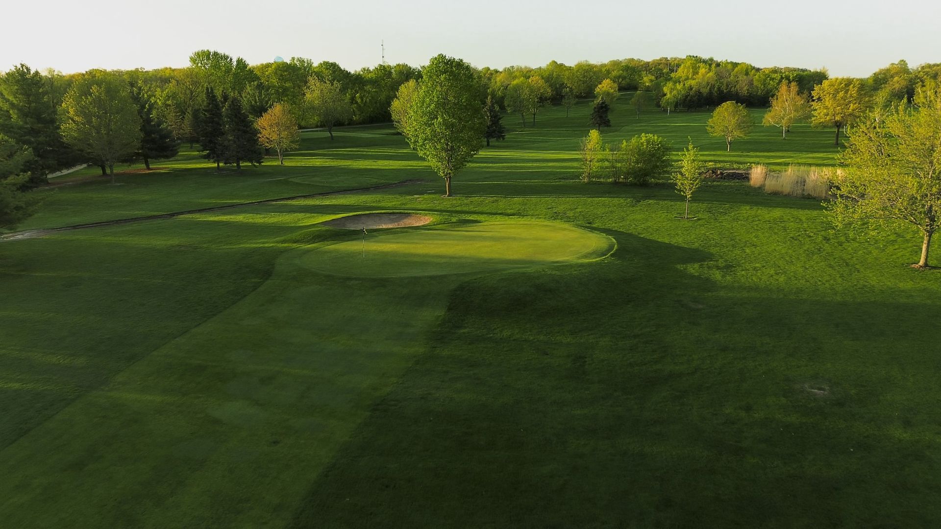 An aerial view of a golf course with trees in the background.