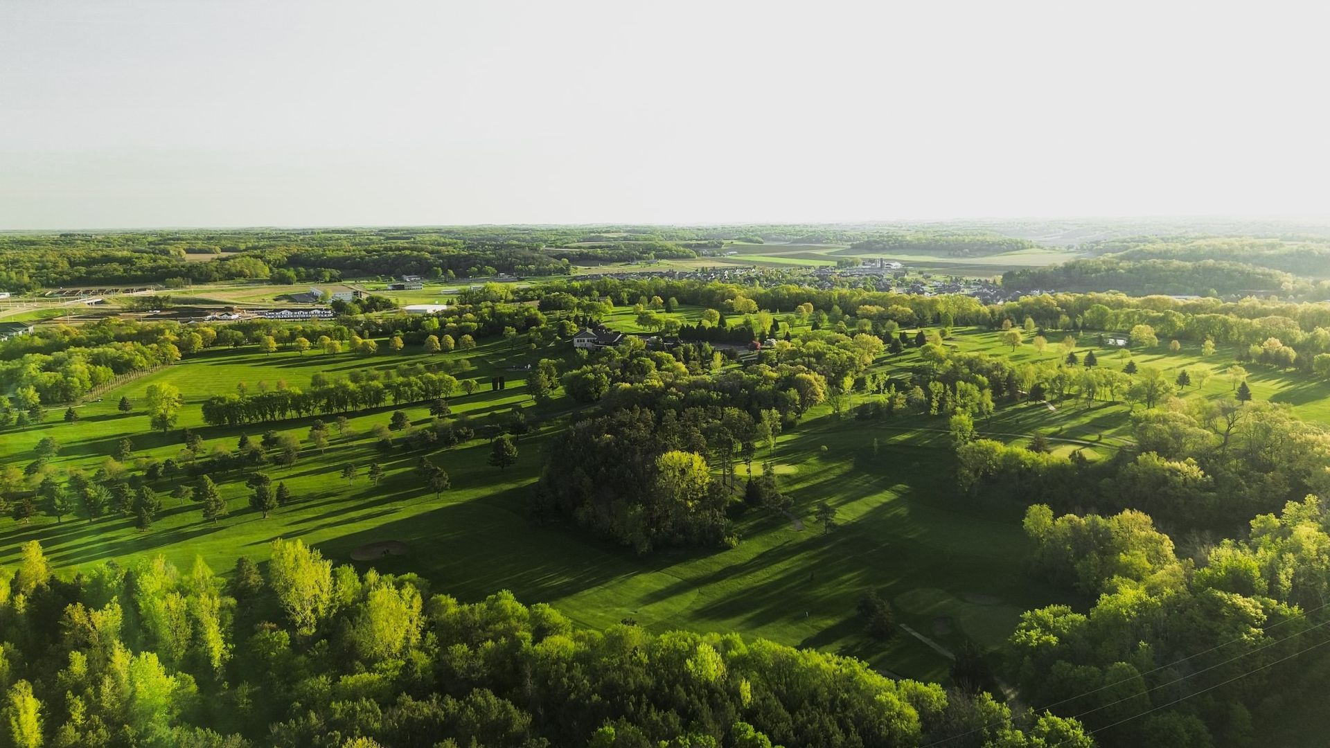 An aerial view of a lush green forest and a field.