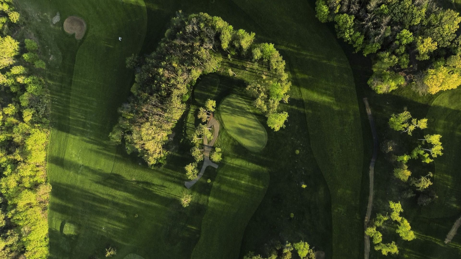 An aerial view of a golf course surrounded by trees.