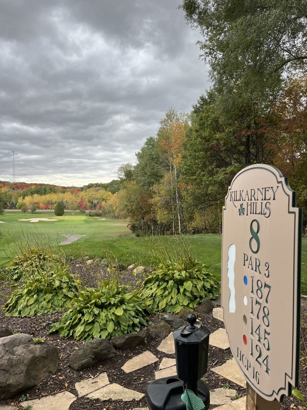 A sign for the 8th hole of a golf course.