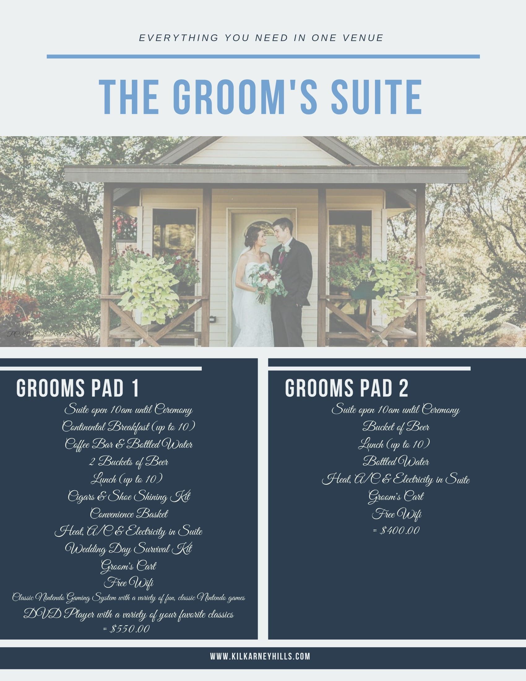 A bride and groom are standing on a porch in front of a house.