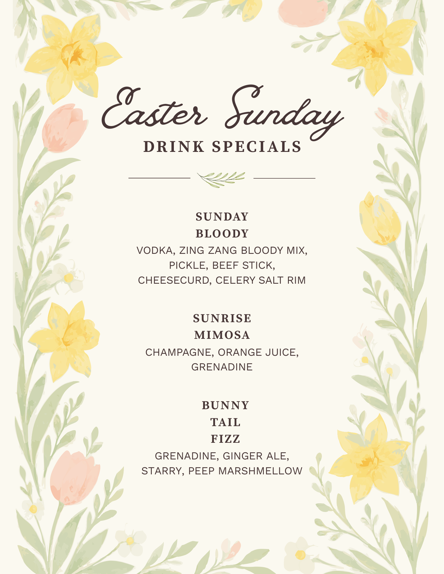 Easter Sunday drink menu