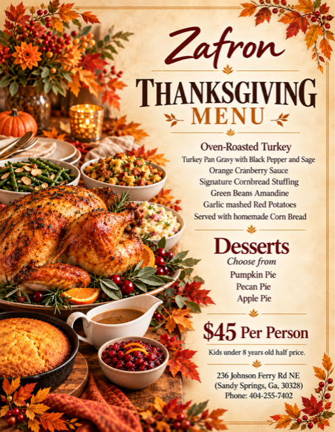 Zafron Thanksgiving menu