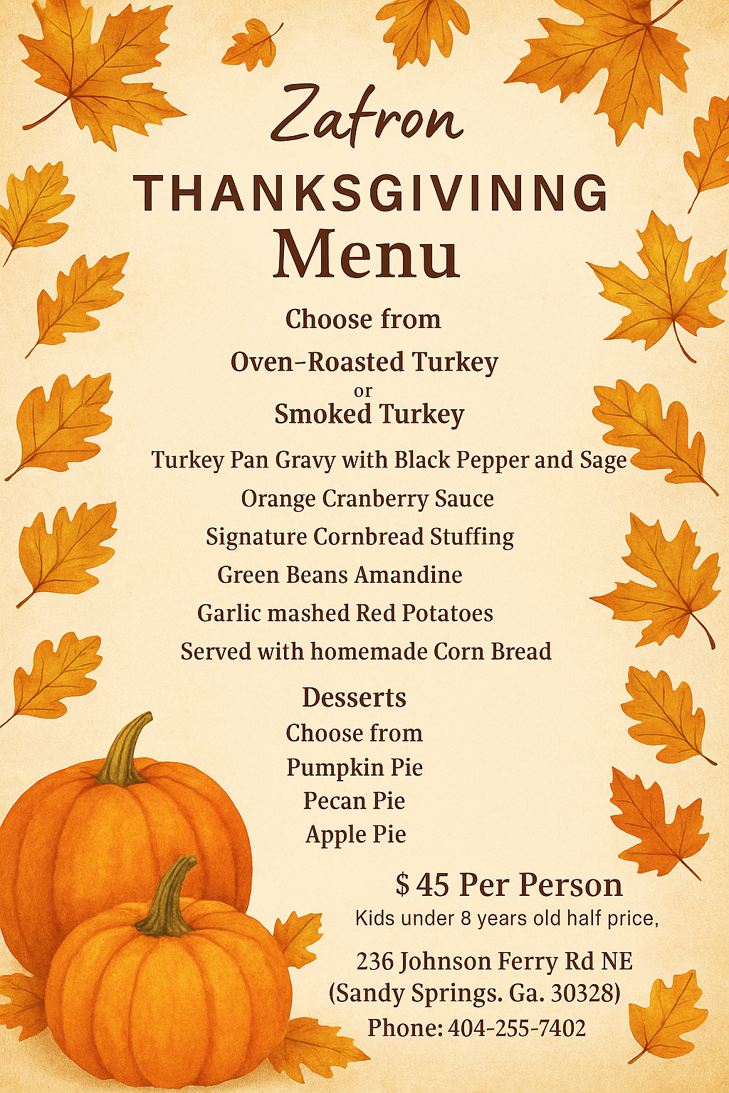 Zafron Thanksgiving Menu