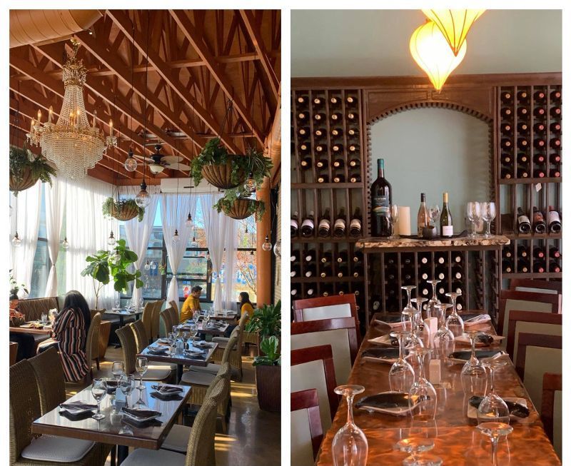 Two pictures of a restaurant with tables and chairs and a wine cellar.