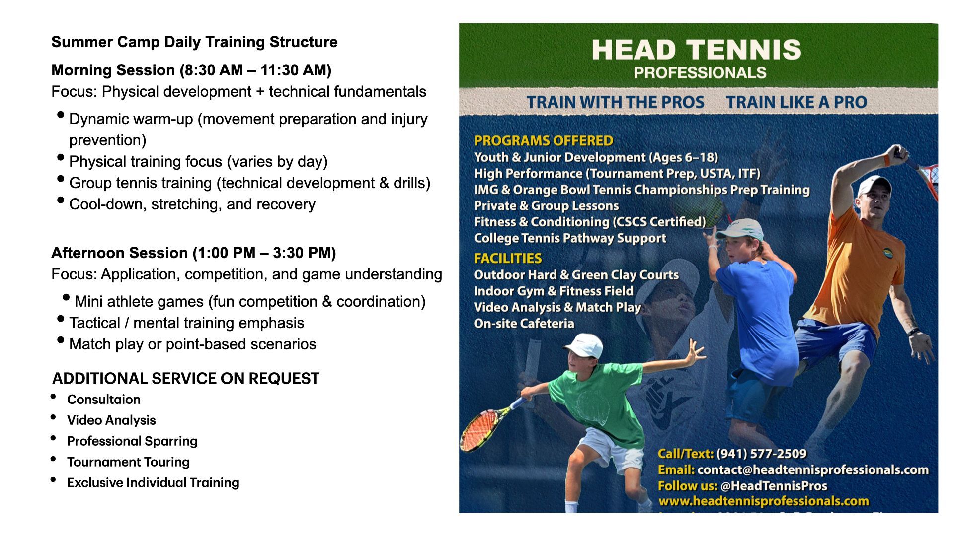 Brochure with tennis program information: After-school, year-round, and camp options. Players and the coach on court.