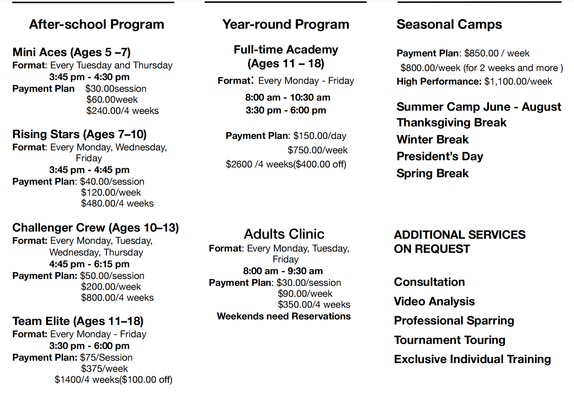 Brochure with tennis program information: After-school, year-round, and camp options. Players and the coach on court.