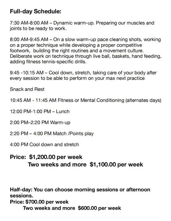 Head Tennis Full-day schedule