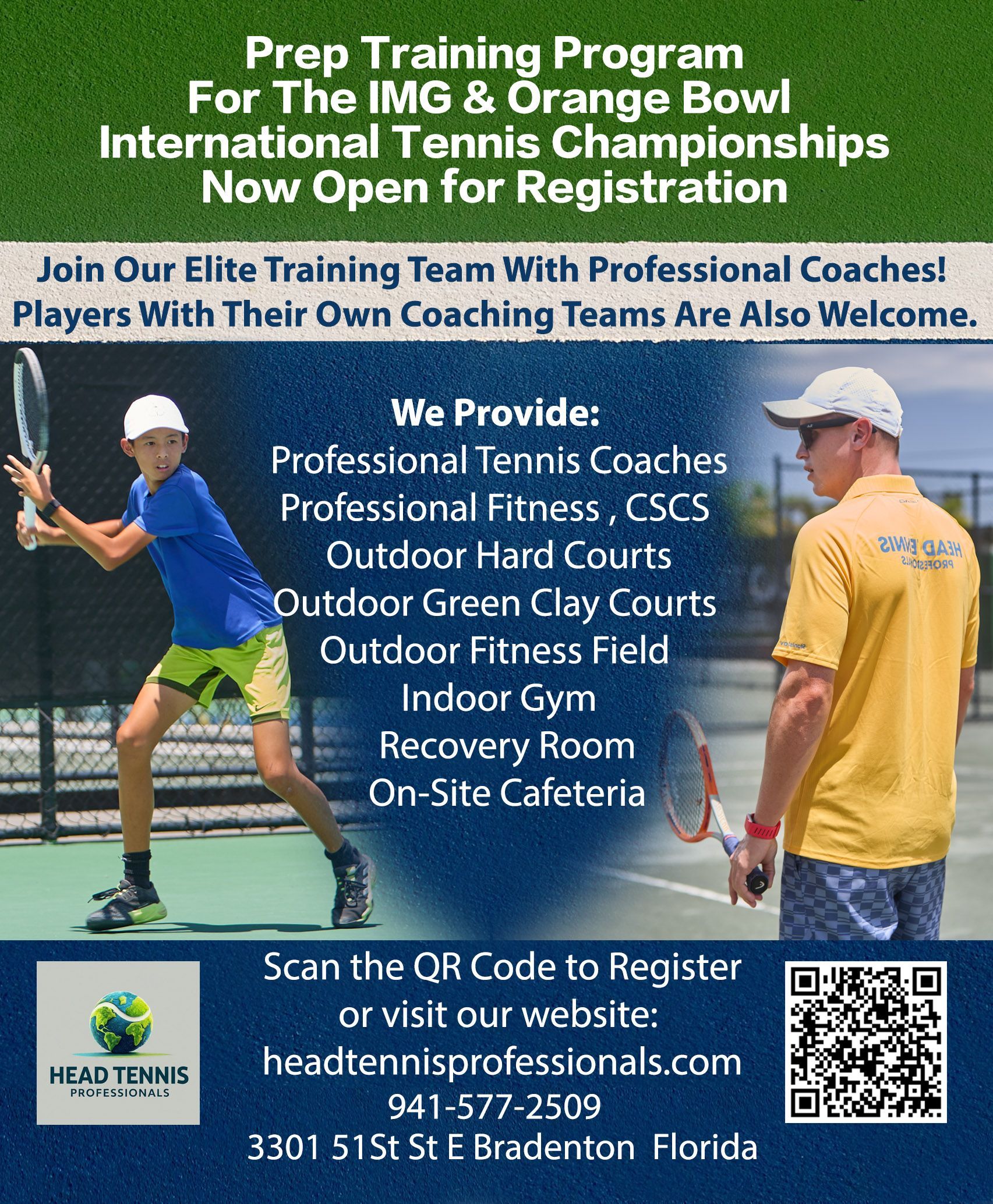 Brochure with tennis program information: After-school, year-round, and camp options. Players and the coach on court.