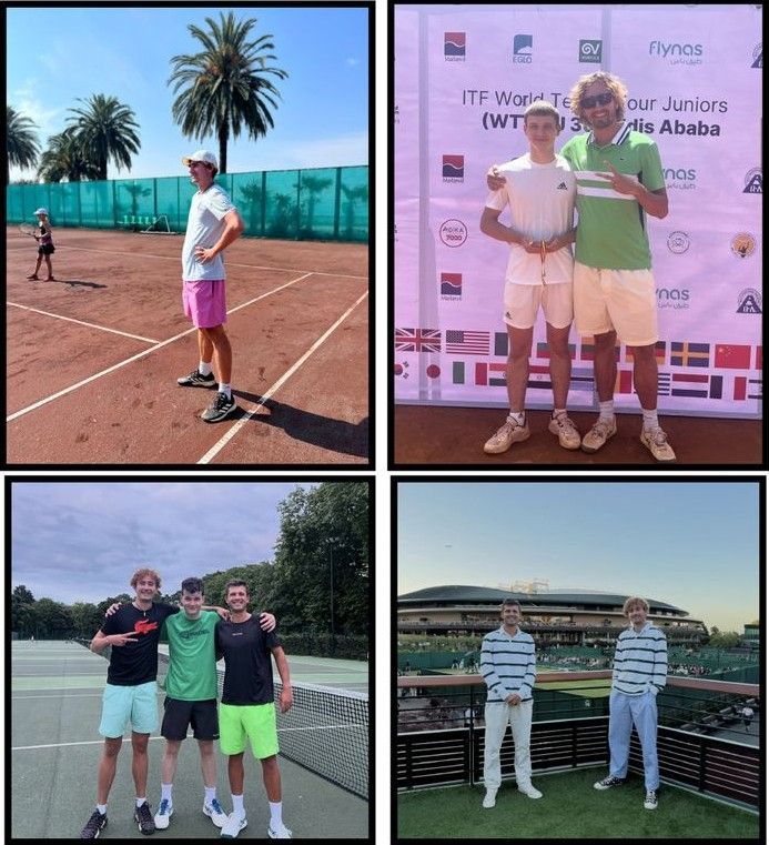 A collage of four photos showing tennis players posing on courts, by a tournament backdrop, and at a stadium.