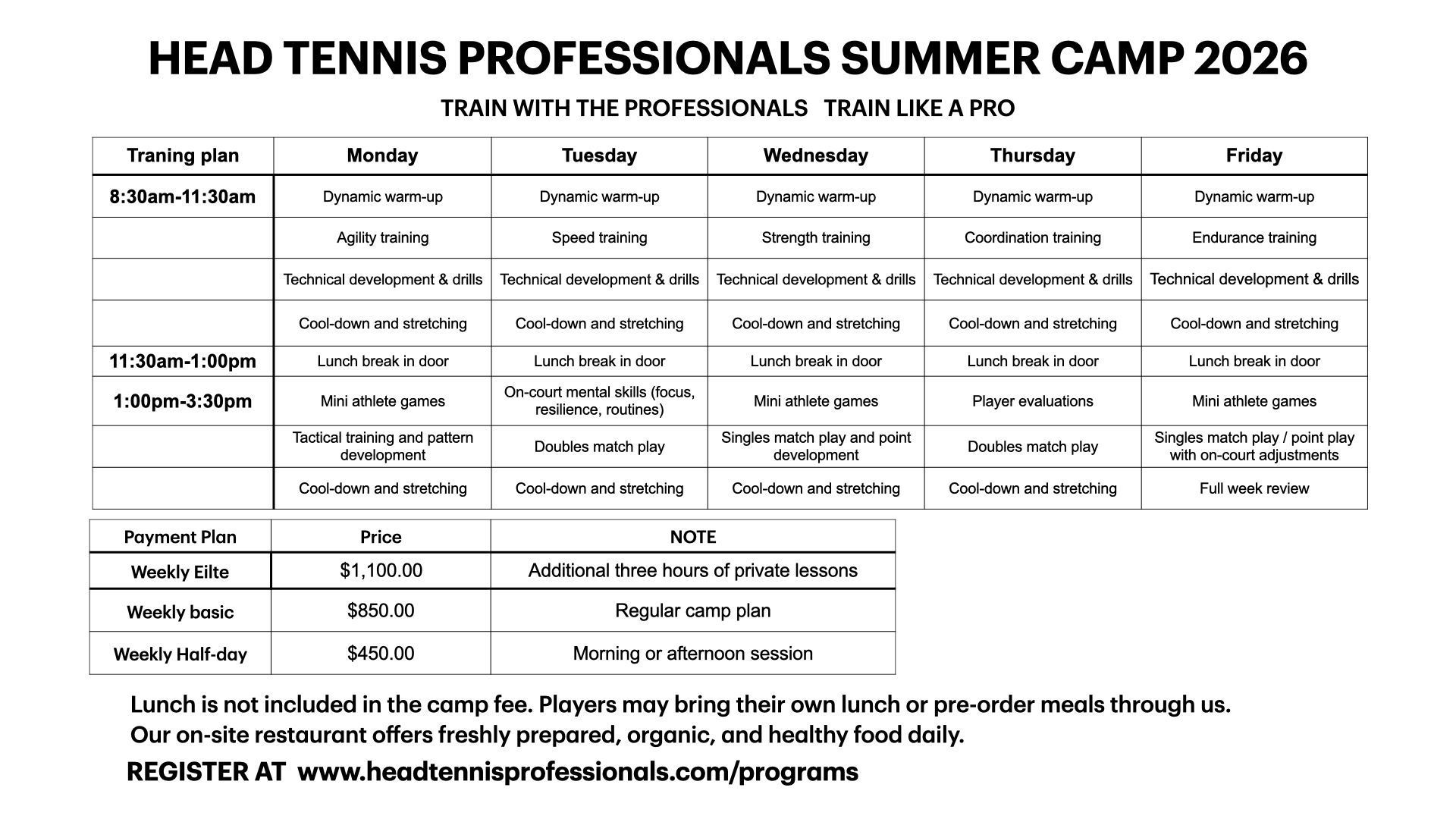Schedule for Head Tennis Professionals Summer Camp 2026, showing daily activities, session times, and registration pricing.