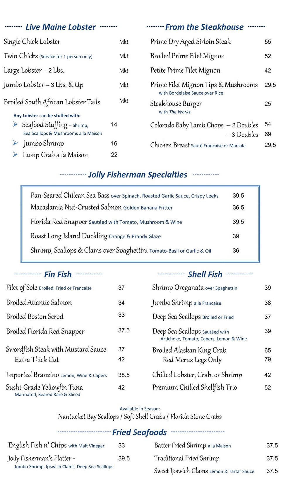 The Jolly Fisherman Steakhouse Dinner Menu Roslyn Ny