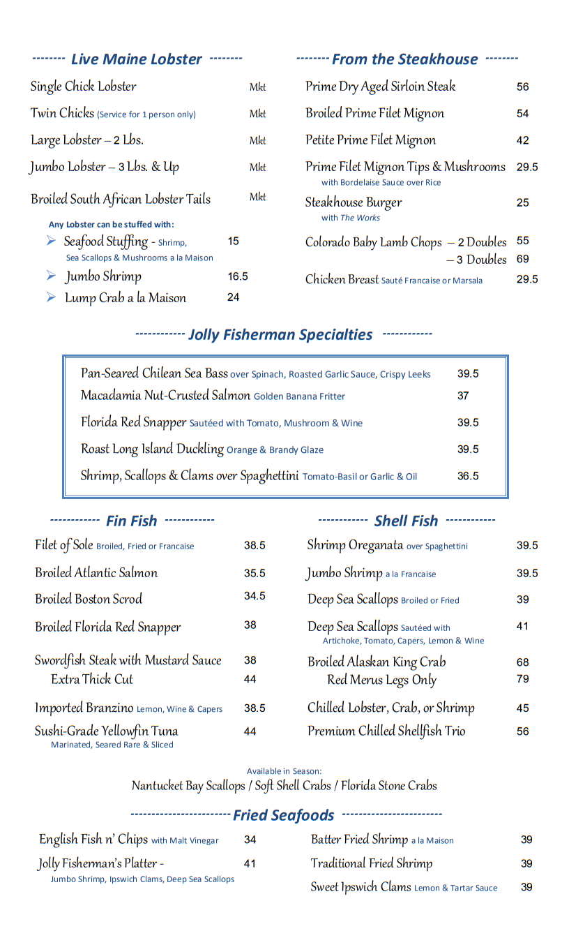 The Jolly Fisherman Steakhouse Dinner Menu Roslyn Ny