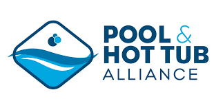 The pool and hot tub alliance logo is a blue square with a wave in it.