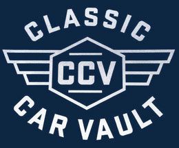 Classic Car Vault logo with white wings and CCV text on a dark blue background