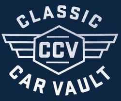 Classic Car Vault logo with white wings and CCV text on a dark blue background