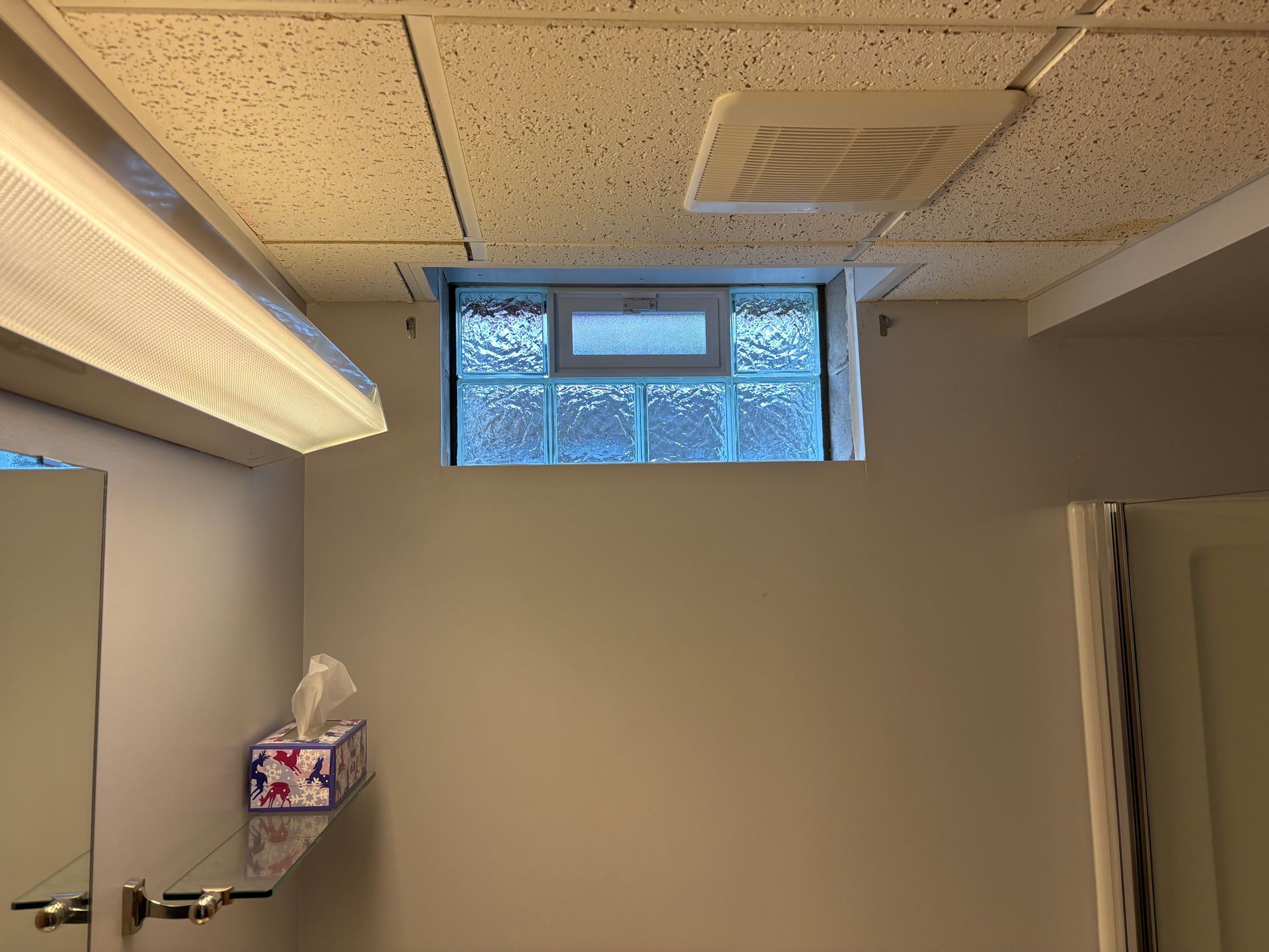 A bathroom with a frosted glass block window centered on the wall, a drop ceiling, and a light fixture.