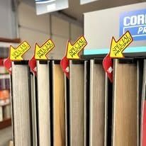 Row of colorful flooring samples with 