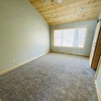 Empty room with light-colored wood ceiling, a large window, and gray carpet. The walls are a light, neutral color.