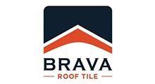 BRAVA Roof Tile logo with dark blue roof shape, red chevron, and black text