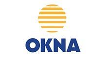 OKNA logo with a yellow striped circle above blue text on a white background
