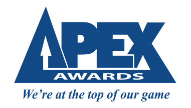 Blue APEX Awards logo with upward-pointing arrow and text "We're at the top of our game."