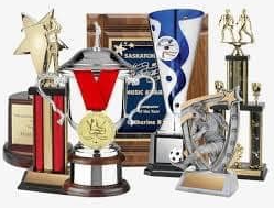 Collection of various trophies, including star, cup, and figure-shaped awards, displayed on a white background.