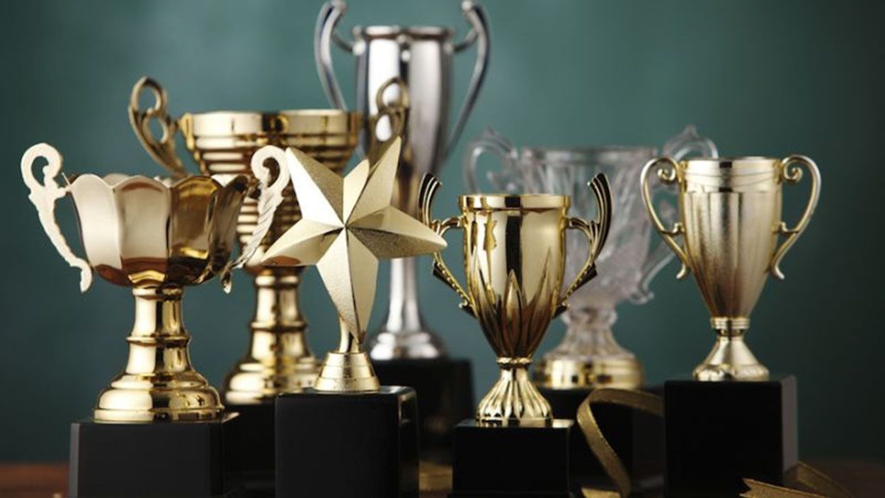 Golden and silver trophies of various shapes and sizes on black bases against a green background.