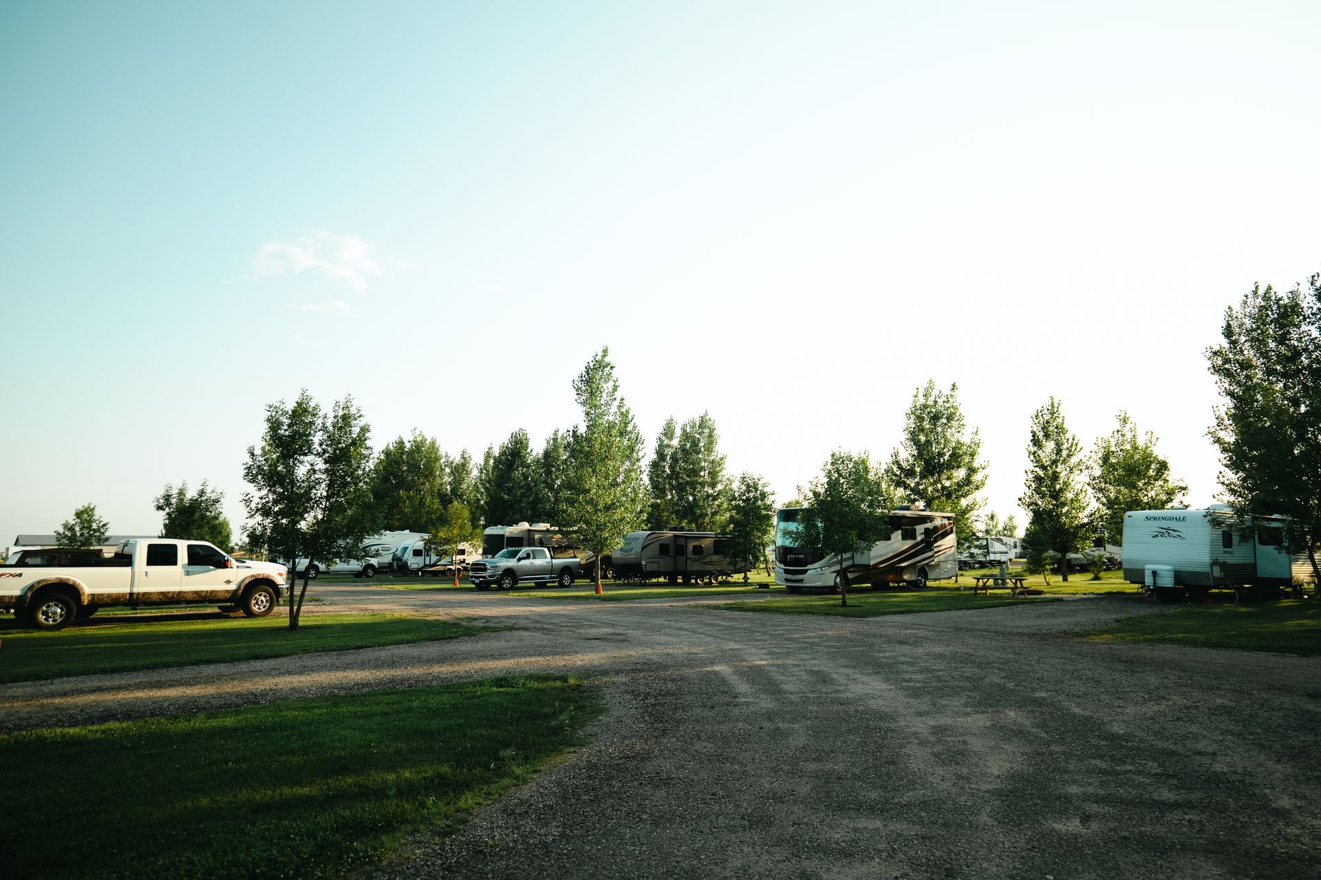 A row of rv's are parked in a gravel lot surrounded by trees.